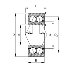角接觸球軸承 30/8-B-2RSR-TVH, 雙列，雙側(cè)唇密封，接觸角 α = 25°