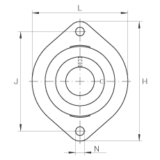 軸承座單元 FLCTEY17, 帶兩個螺栓孔的法蘭的軸承座單元，鑄鐵， 內(nèi)圈帶平頭螺釘， P 型密封，無再潤滑結(jié)構(gòu)