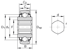 外球面球軸承 SK102-207-KRR-B-AH10, 球面外圈，內(nèi)圈帶六角形孔，兩側(cè) R 型密封